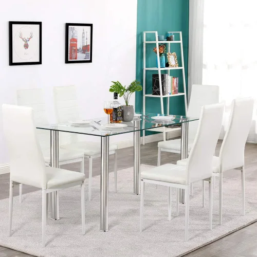 Vista 5 de Mesa de comedor de cristal para 6 personas con parte superior de vidrio templado transparente de 52 pulgadas, mesa de cocina de vidrio rectangular