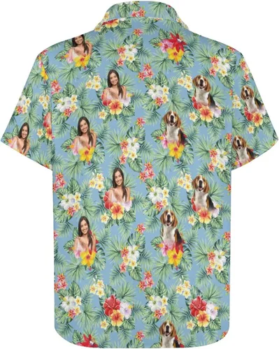 Vista 6 de Camisa hawaiana personalizada con caras, camisa hawaiana de manga corta para hombre, diseño floral tropical para novio, marido, hijo