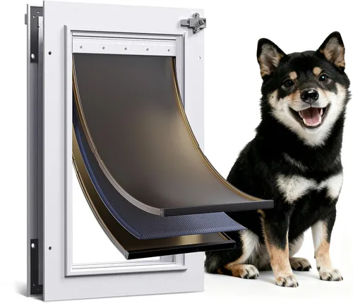Vista 10 de Puerta para perro para puerta, 3 solapas de aluminio, color blanco, puerta grande para perros, puerta resistente para mascotas, con solapa aislante