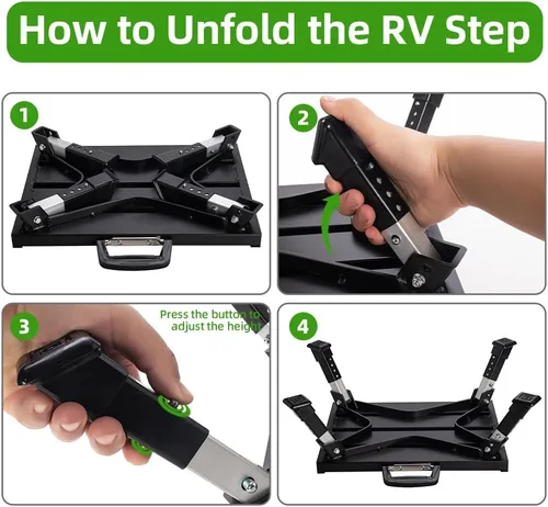 Vista 4 de Homeon Wheels Taburete ajustable para caravana, plataforma plegable con tira reflectante, color negro
