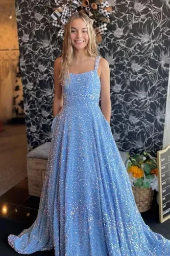 Vista 3 de Raseal Una línea de cuello cuadrado lentejuelas vestido de fiesta brillante correas espagueti vestidos largos con bolsillos RS025