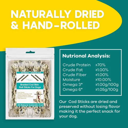 Vista 5 de Ocean Tides Pieles trenzadas de bacalao islandés de 8 onzas para perros y gatos – Un solo ingrediente, piel de pescado capturada en la naturaleza