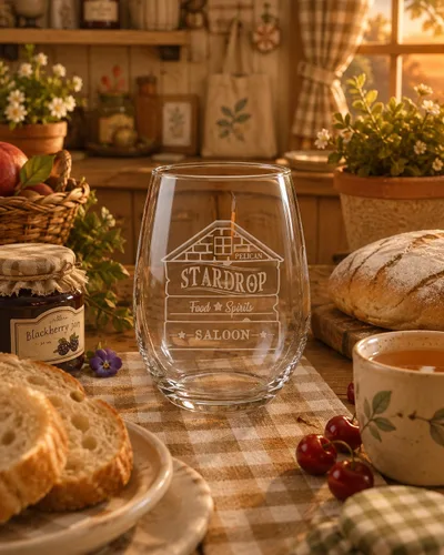 Vista 9 de Hat Shark Stardrop Saloon Rustic Bar Food Game Parody Sign Logo - Copas de vino sin tallo grabadas con láser