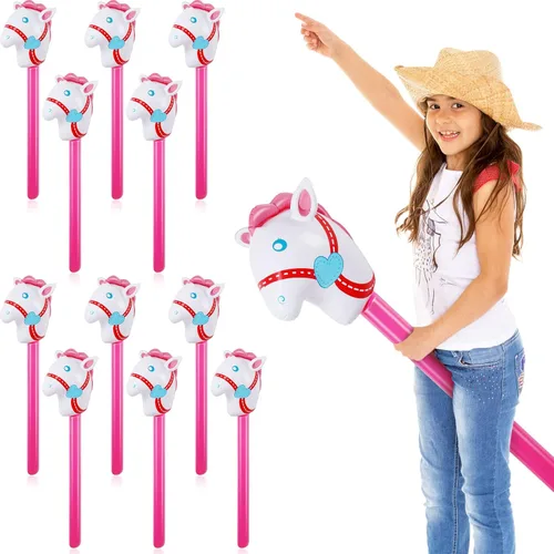 Vista 15 de Chivao 12 piezas inflables de palo de caballo linda cabeza de caballo, globo inflable colorido vaquero vaquera decoración de fiesta para fiesta Negro