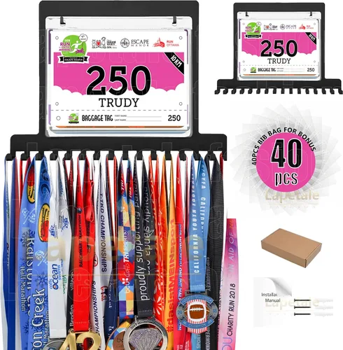 Vista 5 de Colgador de medallas para carreras, exhibición de medallas de maratón y colgador de medallas para corredores, exhibición de medallas con dorsal