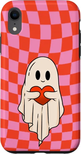 Vista 25 de Funda para iPhone 17 de San Valentín Retro Ghost Hugging Heart Checkerboard Rosa Rojo