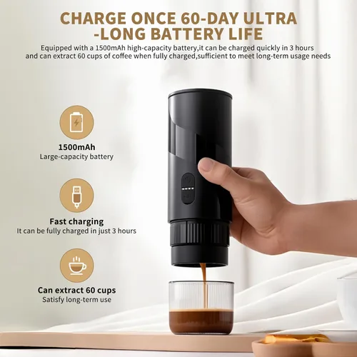 Vista 4 de Juego de cafetera portátil, molinillo de café manual recargable y espumador de leche eléctrico, todo en 1, mini cafetera de viaje para campamento