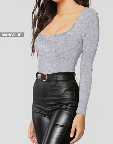 Vista 104 de MANGDIUP Body esencial para mujer, cuello redondo, manga larga, ajustado, elástico, de algodón y elastano