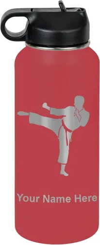 Vista 37 de Botella de agua personalizada LaserGram, Karate Man, de acero inoxidable con aislamiento al vacío de doble pared con tapa abatible, regalo grabado