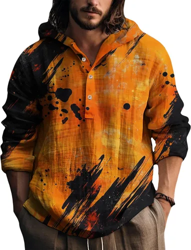 Vista 6 de Sudaderas con capucha para hombre, con estampado de teñido anudado, cuello en V, manga larga, con botones, de gran