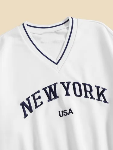 Vista 3 de SOLY HUX Sudadera con estampado de letras de Nueva York para mujer, cuello en V, manga larga, casual, sin botones