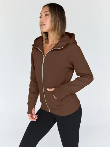 Vista 14 de Trendy Queen Sudaderas con capucha y cremallera para mujer, chaquetas de vellón, talla extragrande, moda de otoño e invierno