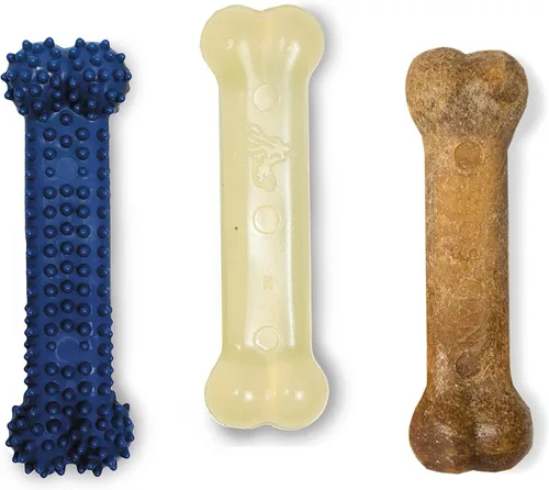 Vista 14 de Nylabone Original Bone Flexi - Paquete económico de juguetes masticables para perros, juguetes duraderos para masticadores moderados, hueso