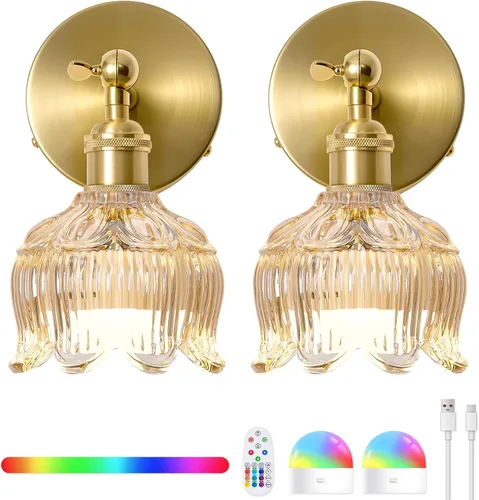 Vista 12 de Vintage Battery Operated Wall Sconces - 5000mAh Rechargeable Dimmable Wireless Lights with Remote Control - Set of 2 Green Flower Glass Powered