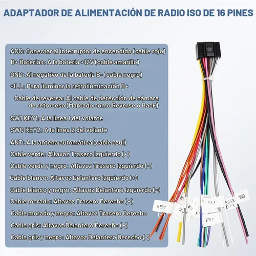 Vista 3 de Kit de arnés de cableado de radio Android con arnés de cable de radio ISO de 16 pines, adaptador de cámara trasera RCA de 10/20 pines, cable USB