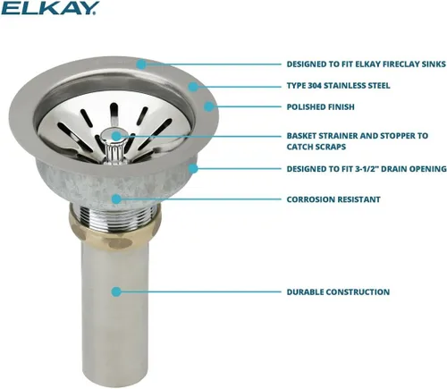 Vista 3 de Elkay LK99FC Deluxe Drain con cuerpo de acero inoxidable tipo 304 para fregaderos de arcilla refractaria