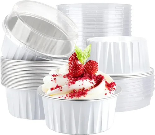 Vista 15 de EUSOAR Tazas de aluminio para hornear, paquete de 30 tazas de 5 onzas para cupcakes con tapas, moldes de pastel de 4.2 fl oz, flanes de postres