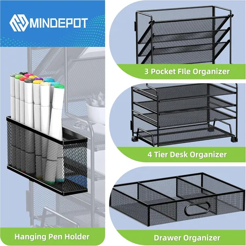 Vista 3 de MINDEPOT Organizador de papel de 4 niveles + soporte para archivos de 3 bolsillos + cajón + soportes para bolígrafos, organizador de archivos