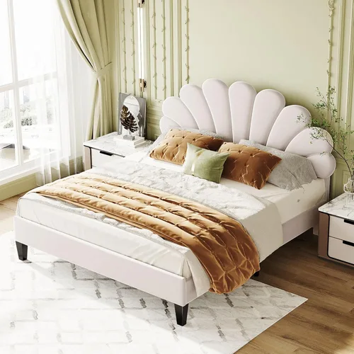 Vista 4 de Base de cama tapizada Queen con cabecero, cama moderna de plataforma de terciopelo con patrón de flores, soporte de listones de madera, tamaño Beige