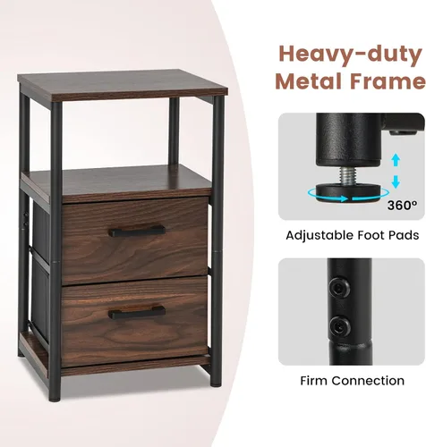 Vista 7 de Giantex Mesita de noche, mesita de noche con 2 cajones de tela y estante de madera abierto, mesa auxiliar con cubos de tela, marco de metal