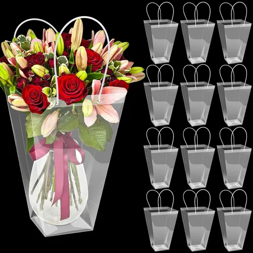 Vista 13 de Yexiya 12 bolsas florales grandes transparentes para ramo de flores a granel con asa transparente para regalo de boda, regalo de boda, regalo