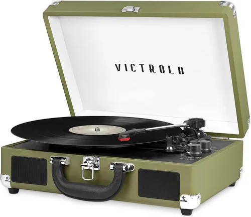 Vista 11 de VictrolaJugador de registro portátil de la maleta de Bluetooth de 3 velocidades de la vendimia con altavoces incorporados Built-in stereo
