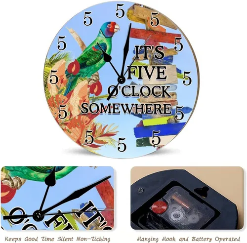 Vista 5 de Reloj de pared de madera con texto en inglés "It's Five O'clock Somewhere" - Reloj de pared de madera con loro costero tropical, cóctel, reloj