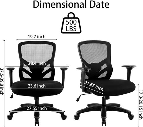 Vista 3 de YFO Silla de oficina grande y alta, 500 libras, silla ergonómica de malla