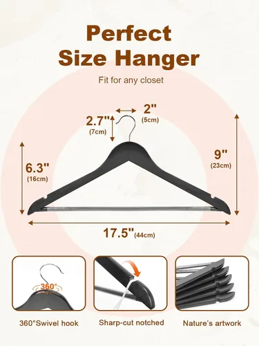 Vista 8 de HOUSE DAY - Paquete de 10 perchas de madera negra, percha de madera maciza con barra antideslizante para pantalones, percha de abrigo de madera