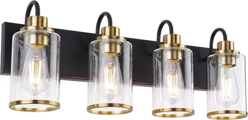 Vista 9 de Beionxii BX-VL01BG-3CG - Lámpara de tocador de baño, 3 lámparas doradas claras con pantalla de cristal transparente, accesorios de iluminación