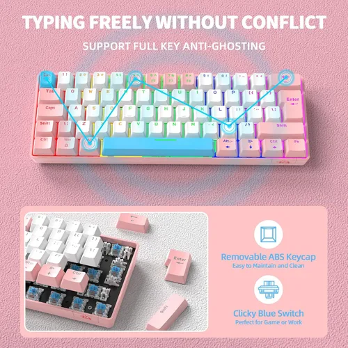 Vista 3 de ZIYOU LANG Teclado mecánico T60 con cable 60% TKL para juegos con retroiluminación LED arco iris ultra compacto NKRO Interruptor táctil azul clicky