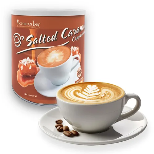 Vista 3 de Victorian Inn Instant Cappuccino – Sabor a caramelo salado – Mezcla de café cremosa y deliciosa – Gran caliente, frío o mezclado – Sabor cremoso – 2
