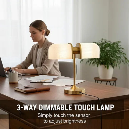 Vista 2 de Lámpara de escritorio vintage de vidrio de leche para banqueros, lámpara de noche regulable con control táctil con puertos de carga USB A+C