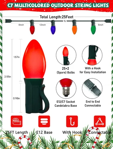 Vista 2 de Tira de luces LED de Navidad para exteriores, de 50 pies, cadena de luces C7 con 27 bombillas multicolor de cerámica de 0.6 W, luces de Navidad