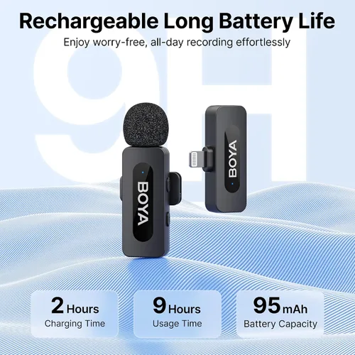 Vista 2 de BOYA by-V1 Micrófonos inalámbricos para iPhone iPad con puerto Lightning certificado MFi, rango de 328 pies, vida de batería de 9H, reducción