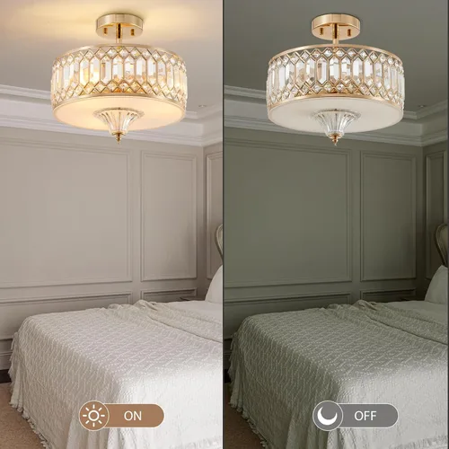Vista 7 de Gold Crystal Ceiling Light Fixture for Hallway Foyer Bedroom Kitchen Island, 13" Modern Drum Round Close to Ceiling Light Fixture, 3-Light, Brushed