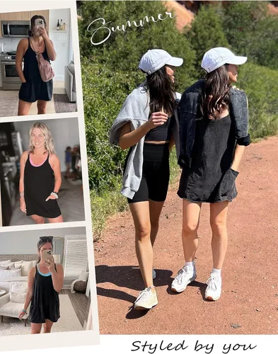 Vista 2 de Yidarer Minivestido de verano sin mangas para mujer, cuello en V, tirantes delgados, pantalones cortos atléticos con bolsillos