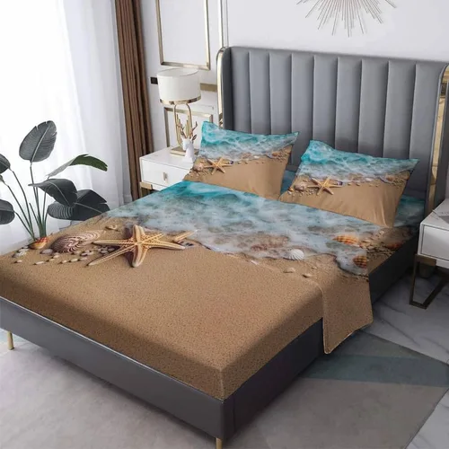 Vista 9 de Juego de sábanas de tamaño individual con diseño de playa – Sábanas de cama con diseño de estrella de mar, microfibra suave, bolsillo profundo