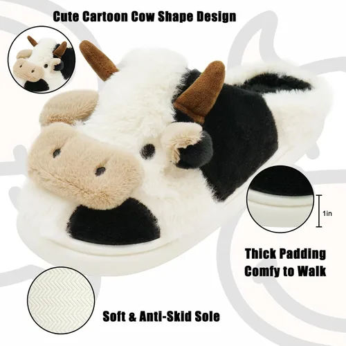 Vista 4 de Pantuflas de vaca para mujeres y hombres, bonitas pantuflas peludas de animales, felpa de algodón, para invierno, interiores y exteriores, suaves