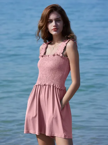 Vista 4 de DEEP SELF Mameluco de verano sin mangas para mujer, cuello cuadrado, tirantes con volantes, con bolsillos