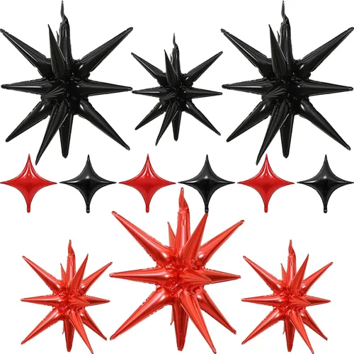 Vista 9 de Globos de estrella negra, 12 unidades, globos de explosión de estrella de aluminio de 27/22 pulgadas, globo de cono de Mylar de espiga grande