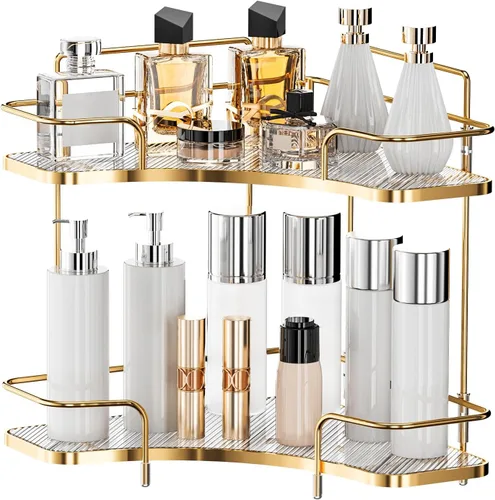 Vista 9 de Seoneiro Organizador de esquina de 2 niveles para encimera de baño, organizador cosmético para el cuidado de la piel, bandeja de perfume