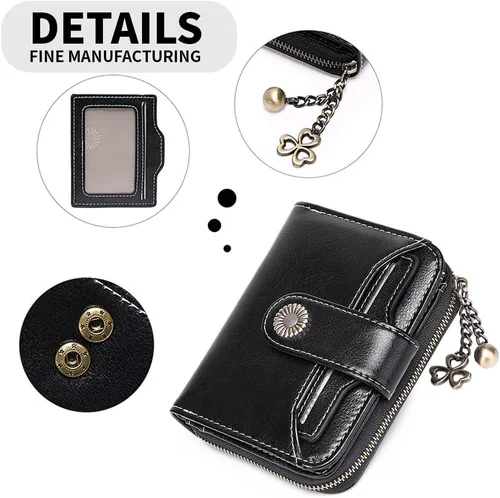 Vista 5 de Cartera de piel con bloqueo RFID para mujer con bolsillo con cremallera, pequeña cartera compacta con sección de efectivo, 8 tarjeteros de crédito
