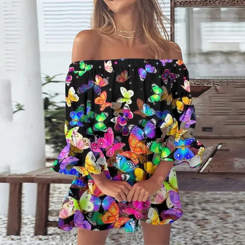 Vista 2 de Ceboyel Vestido de verano floral con hombros descubiertos para mujer, vestido corto con volantes, vestido sexy fluido para crucero, ropa de playa