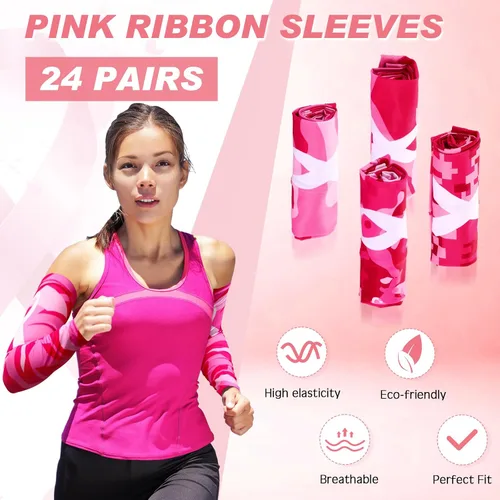 Vista 3 de Xtinmee 24 pares de mangas de concientización sobre el cáncer de mama, cinta rosa, compresión deportiva de compresión, mangas de brazo