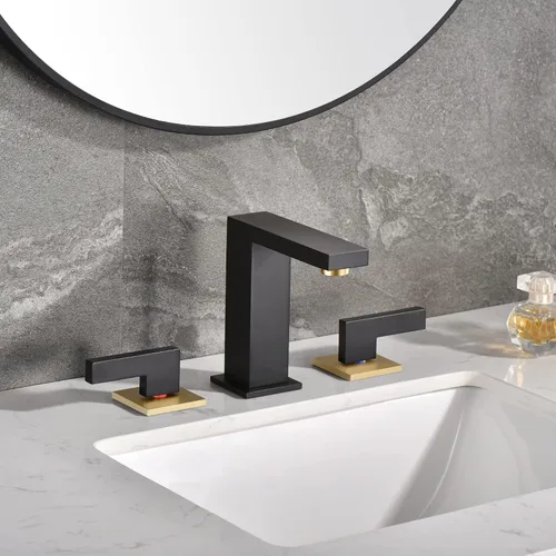 Vista 3 de sumerain Grifo de baño generalizado de 8 pulgadas, grifo de lavabo de baño negro, grifo de baño de 3 agujeros Negro y dorado