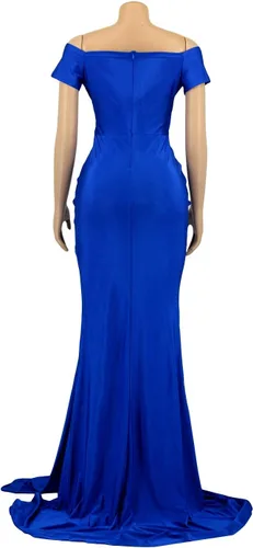Vista 5 de Vakkest Vestido largo de fiesta sexy para mujer, manga corta, hombros descubiertos, cuello en V, abertura lateral, vestido de cóctel de noche