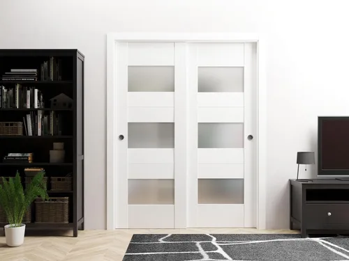 Vista 2 de VDOMDOORS Sete 6003 Bypass - Puertas interiores con vidrio esmerilado, MDF, 36 x 80, color blanco, accesorios de estilo moderno incluidos