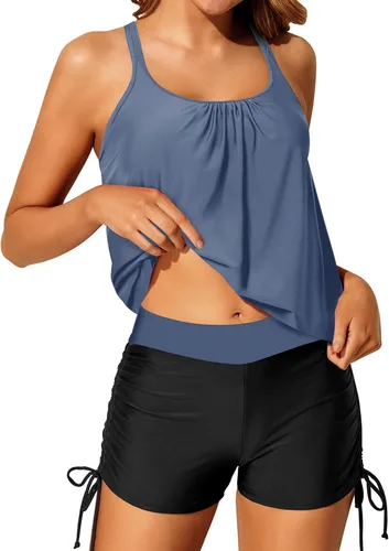 Vista 3 de Yonique Traje de baño tankini de dos piezas con tirantes delgados para mujer con pantalones cortos cruzados