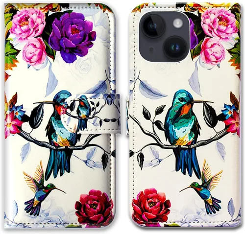 Vista 26 de Bcov Funda para iPhone 15 Plus, piel con tapa y función atril para iPhone 15 Plus, color verde pájaro negro